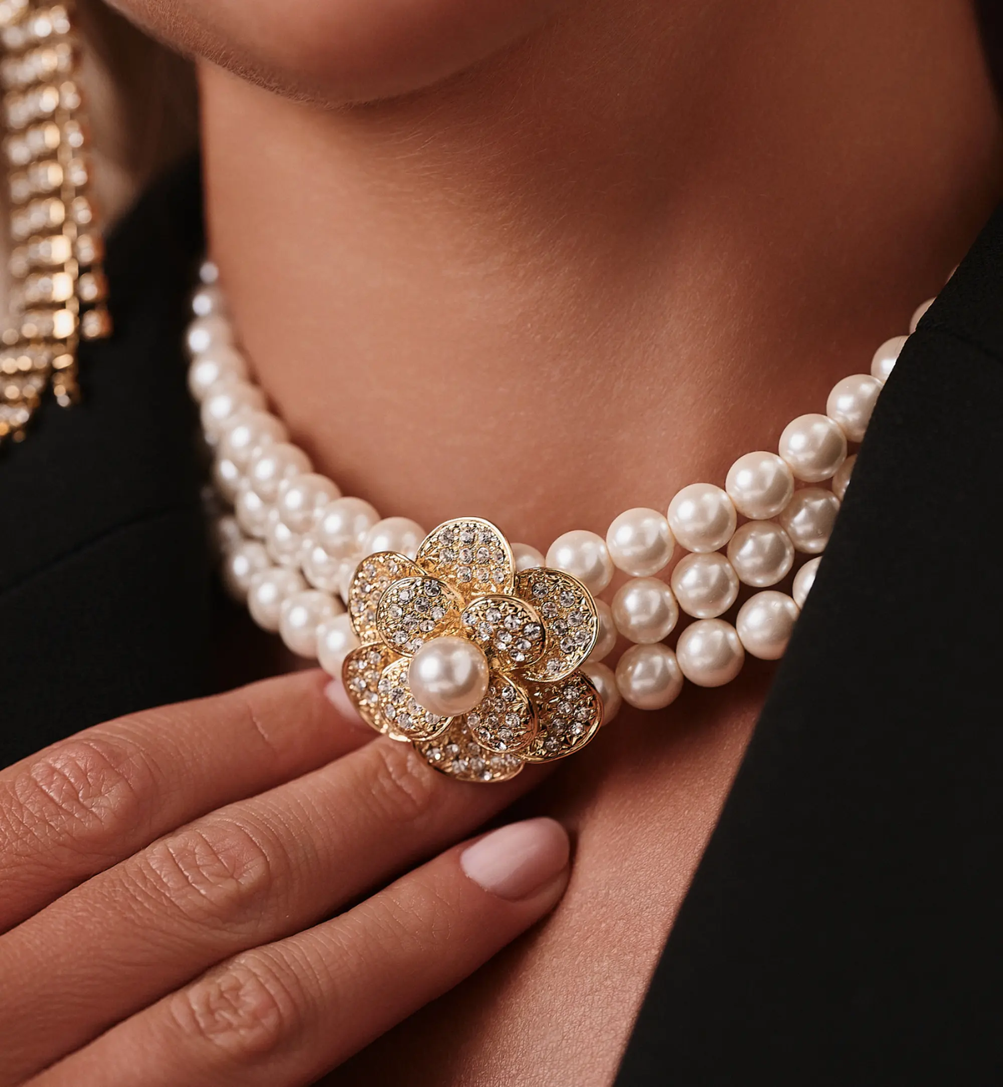 Naszyjnik z trzema rzędami pereł i złotym kwiatem Pearl Blossom Choker NS0378