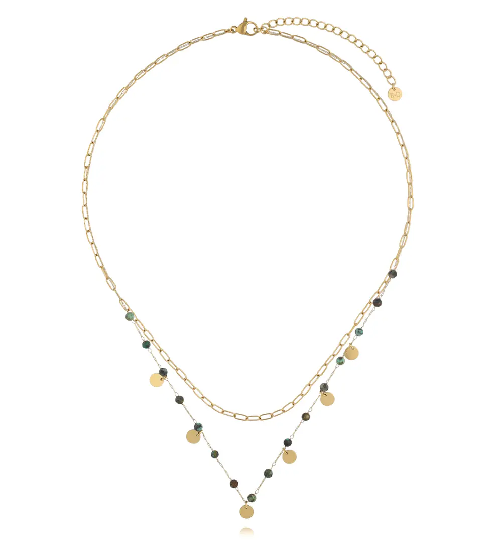 Naszyjnik warstwowy ze złoceniem i jadeitami afrykańskimi NEA0099