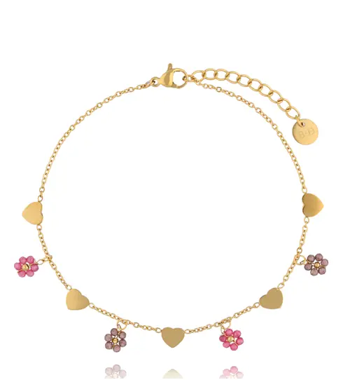 Bransoletka na nogę z serduszkami i kolorowymi kwiatami BNTW0107