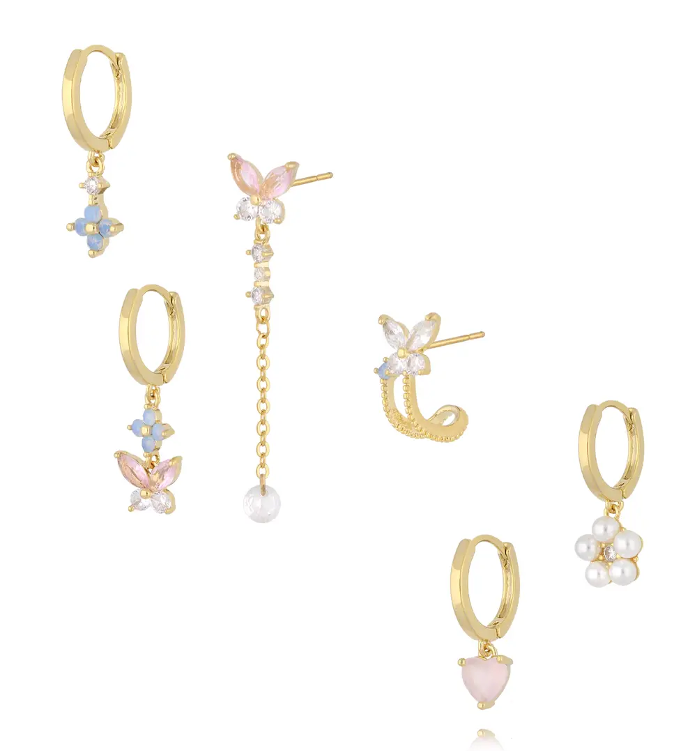 Zestaw złoconych kolczyków z motylami, kamieniami i perłami KMB0070